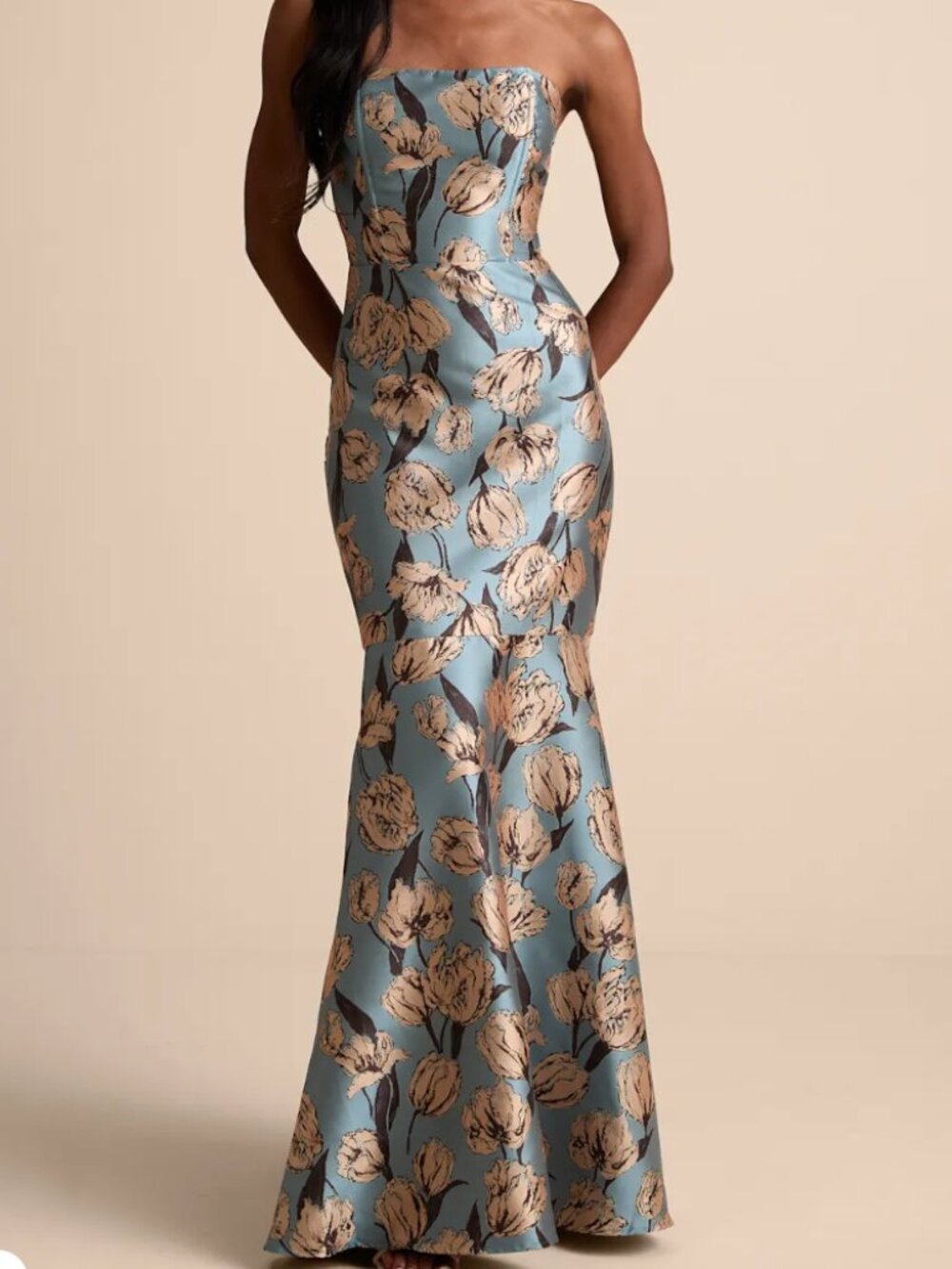 Lulu's Gowning Around Slate Blue Floral Jacquard Strapless Maxi Dress